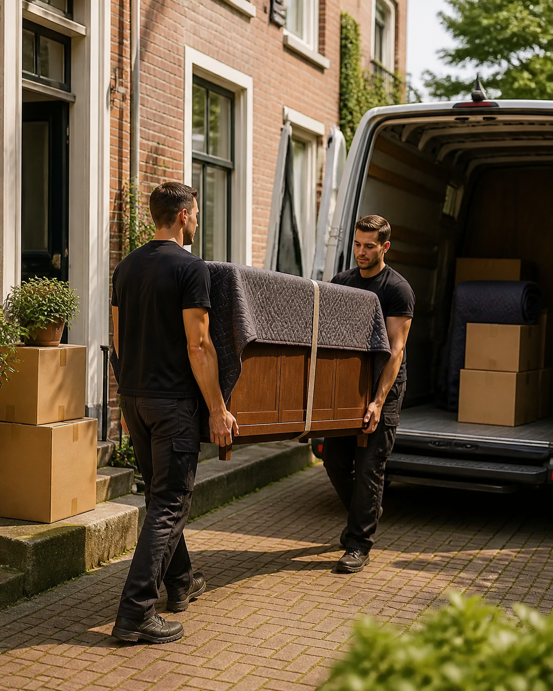 Verhuizers laden zorgvuldig verhuisdozen en beschermde meubels in een verhuiswagen.