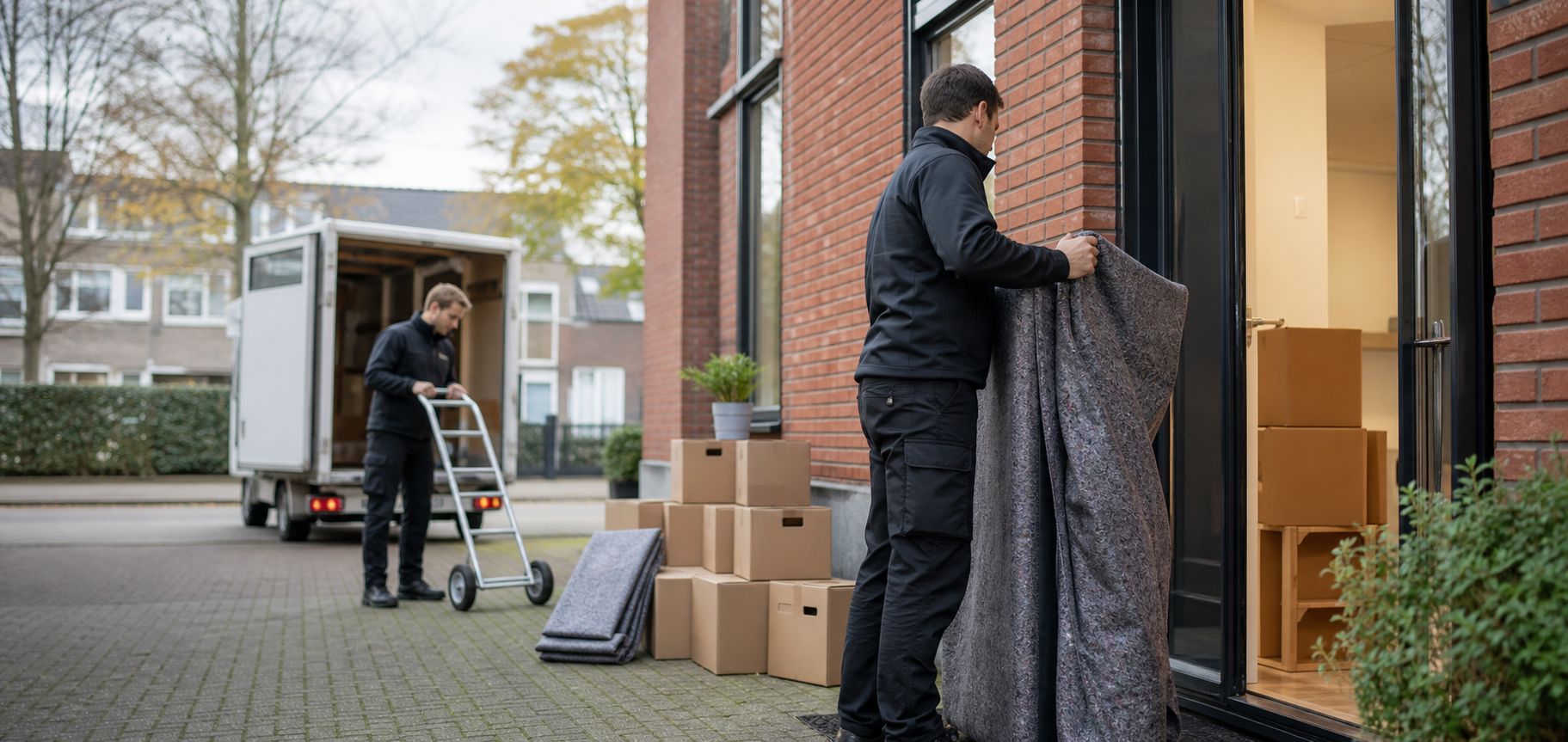 Verhuizers bereiden een verhuizing voor bij een woning met verhuisdozen en beschermmateriaal.